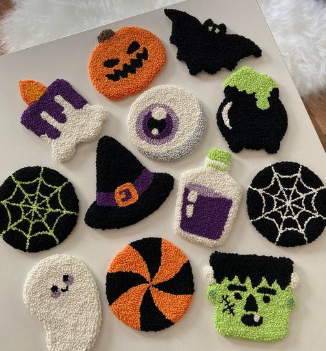 Hi! Welcome to my shop!  Halloween punch needle mug rugs, the perfect decor idea for Halloween! These mini rugs designed for your mugs, but you can also use for your accessories, as a decor for your table, living room or kitchen.  You can also choose these mini rugs as a gift for your loved ones!   %100 handmade by me!  If you have any question you can text me anytime you want. Thank you for visiting my shop! Tufted Coasters, Punch Halloween, Punch Needle Coasters, Coasters Drink, Tufting Ideas, Spooky Halloween Gifts, Halloween Punch, Rug Tufting, Mug Rug Patterns