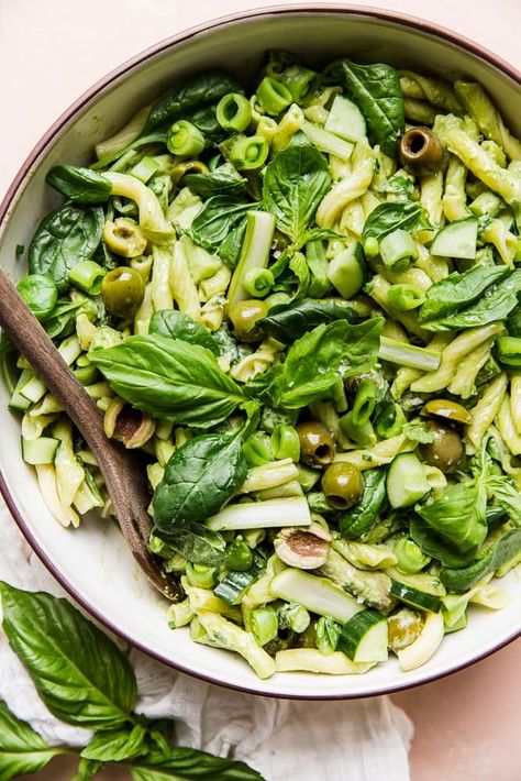 This stunning, veggie-laden green goddess pasta salad is loaded with the bounty of early summer, and thanks to a hearty toss in that classic, creamy herby dressing, it really looks the part, too. Green Goddess Pasta Salad, Green Goddess Pasta, Hearty Salad Recipes, Goddess Dressing Recipe, Health Lunch, Green Pasta, The Modern Proper, Modern Proper, Pasta Salad Dressing