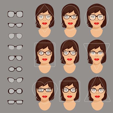 Spectacle Frames Shapes And Different Types Of Women Face Shapes. Face Types As Oval, Round, Triangle, Square, Diamond, Rectangle. Vector Royalty Free Cliparts, Vectors, And Stock Illustration. Image 78518093. Female Face Shapes, Glasses Shapes, Face Shape Sunglasses, Womens Face, Glasses For Round Faces, Glasses For Face Shape, Face Types, Glasses For Your Face Shape, Diy Body Care