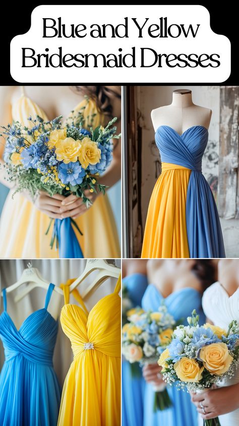 Blue and yellow bridesmaid dresses for a stylish wedding theme. Yellow And Navy Wedding Theme, Royal Blue And Yellow Wedding Theme, Blue And Yellow Bridesmaid Dresses, Blue And Yellow Wedding Theme, Light Blue And Yellow Wedding, Royal Blue And Yellow Wedding, Yellow And Blue Wedding, Blue Yellow Dress, Light Yellow Weddings