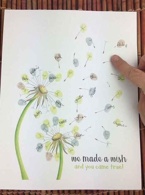 Fingerprint Guestbook, Dandelion Seeds, The Dandelion, Dandelion Seed, Guest Book Alternatives, Baby Shower Signs, Mother And Father, Shower Favors, Baby Shower Themes