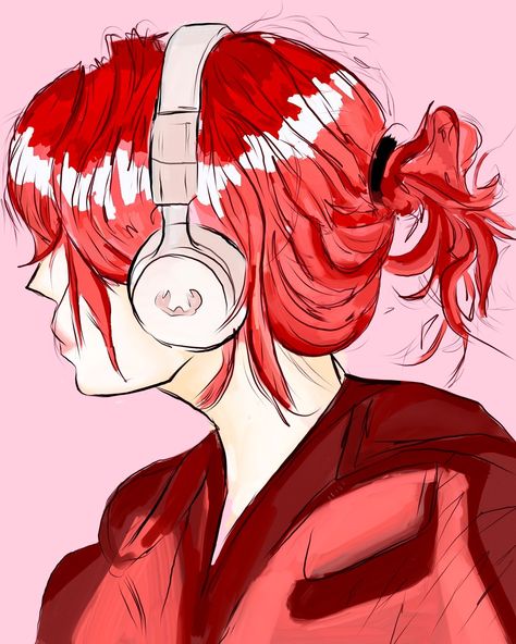 Girl with headphones Person With Headphones Drawing, Girl With Headphones Art, Girl With Headphones Drawing, Music Art Drawing, Red Head Cartoon, Red Hair Cartoon, Headphones Drawing, Tshirt Prints, Headphones Art