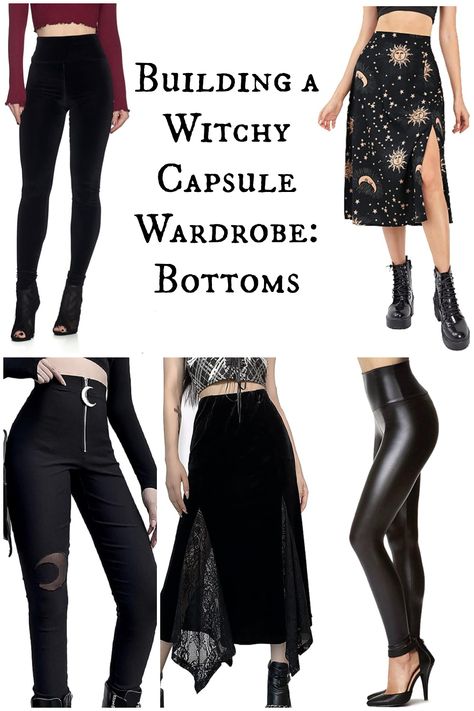 Witchy Wardrobe Essentials, Witchy Bohemian Fashion, Subtle Witchy Outfits, Witchy Goth Outfits Aesthetic, Gothic Capsule Wardrobe, Capsule Wardrobe Goth, Gothic Bottoms For Fall Alternative Fashion, Witchy Wardrobe Style, Witchy Loungewear