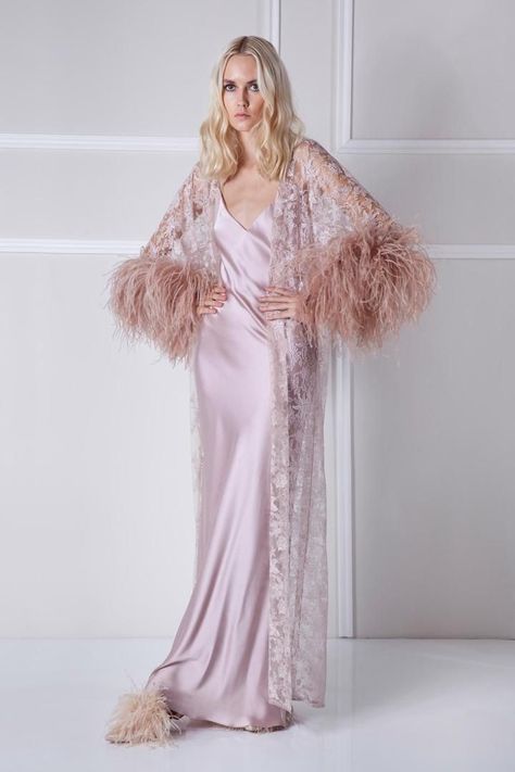 Silk Nightwear Romantic, Flowy Robe, Feather Cuffs, Flowy Gown, Bridal Nightwear, Australian Clothing, Luxury Nightwear, Luxury Robes, European Outfit