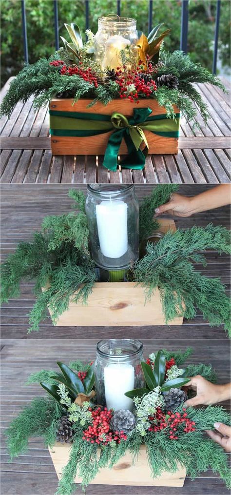 DIY Christmas table decorations centerpiece for $1. Easy tutorial & video on how to make a beautiful Christmas centerpiece as decor & gifts in 10 minutes! - A Piece of Rainbow #DIYDecor #holiday #diy #christmas #christmasdecor #christmasideas #thanksgiving #homedecor #homedecorideas #crafts #crafting #craftsforkids #farmhouse #vintage #farmhousestyle #farmhousedecor #rusticdecor #partyideas #centerpiece #tabledecor Natal Country, Christmas Table Decorations Centerpiece, Christmas Table Decorations Diy, Xmas Decorations Diy, Diy Christmas Table, Christmas Centerpieces Diy, Simple Christmas Decor, Christmas Centerpiece, Diy Centerpieces