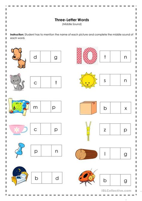 Three-letter Words (Middle Sound) - English ESL Worksheets for distance learning and physical classrooms Two And Three Letter Words, A Sound Three Letter Words Worksheet, English 3 Letter Words Worksheets, Middle Sound Worksheets For Kindergarten, Three Letter Words For Kids, 3 Letter Words Worksheets, Three Letter Words Worksheets, Middle Sounds Worksheet, Mango Images