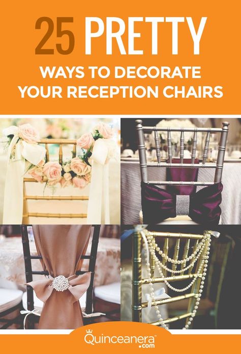 Skip the traditional satin bow tied around white chair covers and opt in for one of these glam decoration ideas for your reception chairs! - See more at: http://www.quinceanera.com/decorations-themes/25-super-pretty-ways-to-decorate-your-reception-chairs/?utm_source=pinterest&utm_medium=social&utm_campaign=article-020416-decorations-themes-25-super-pretty-ways-to-decorate-your-reception-chairs#sthash.Wjkmhvc4.dpuf White Chairs Wedding, White Chair Covers, Reception Chairs, Quinceanera Decorations, Popular Decor, Reception Chair, Holiday Party Gift, Luxury Wedding Planner, White Chair