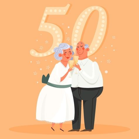 Anniversary Illustration, People Celebrating, 60 Wedding Anniversary, Golden Wedding Anniversary, Vector People, Marriage Anniversary, Wedding People, Golden Wedding, Golden Years