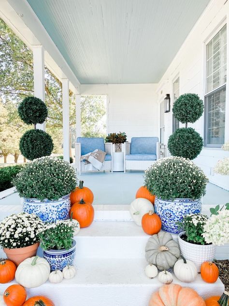 Blue And White Fall Decor Front Porch, Serena And Lily Fall Decor, Coastal Fall Front Porch, White And Blue Fall Decor, Coastal Fall Porch Decor, Southern Fall Front Porch Decor, Grandmillenial Fall Decor, Front Porch Mums Fall Decorating, Blue And White Front Porch