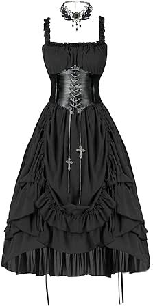 Women's Steampunk Victoria Cosplay Dress Solid Color Suspender Long Dress. As an Amazon Associate, I earn from qualifying purchases. Steampunk Dress Victorian, High And Low Dress, Punk Rock Dress, High Low Ruffle Dress, Steampunk Skirt, Steampunk Dress, Drawstring Dresses, Medieval Dress, Dress Halloween Costume