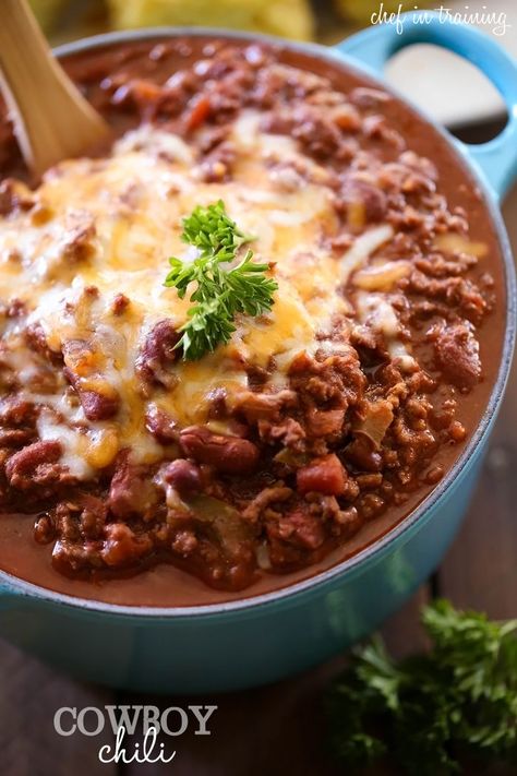 This chili is full of spices, so it'll definitely warm you up on a cold night. Get the recipe from Chef in Training.   - Delish.com Cowboy Chili, Chilli Recipes, Stewed Tomatoes, Garlic Clove, Gazpacho, Crushed Tomatoes, Kidney Beans, Beef Dishes, Gumbo