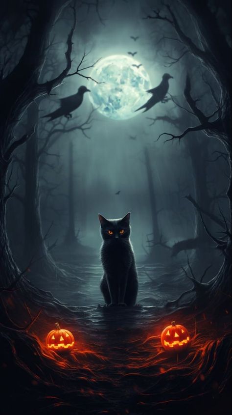 Cat Backgrounds Aesthetic, Happy Halloween Gif, Spooky Halloween Pictures, Fox Artwork, Etsy Halloween, Spooky Black, Spooky Night, Cat Background, Pagan Art