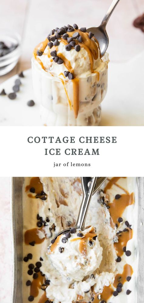 Two images of cottage cheese ice cream. Cottage Cheese Ice Cream Recipe, Cottage Cheese Dessert Recipes, Cottage Cheese Ice Cream, Cottage Cheese Recipes Healthy, Cottage Cheese Desserts, Protein Ice Cream Recipe, Granita Recipes, Cheese Ice Cream, Healthy Ice Cream Recipes