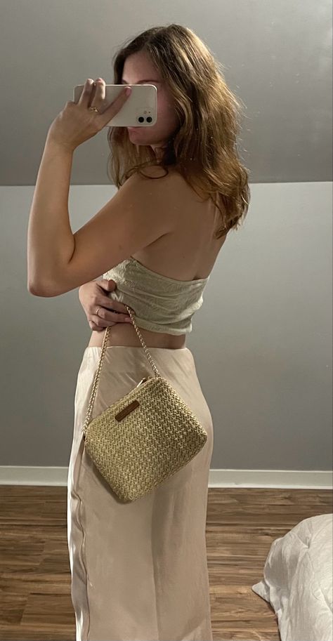 Flowy peach maxi skirt with a cream textured strapless top. #summer #summerstyle Cream Flowy Maxi Skirt, Spring Beach Cream Maxi Skirt, Beach Maxi Skirt In Beige, Beach Fitted Beige Maxi Skirt, Beach-style Gathered Maxi Skirt, Strapless Top, Maxi Skirt, Summer Outfits, Summer Fashion