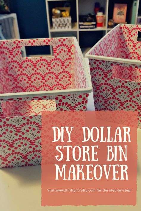 Easy DIY dollar store bin makeover Diy Wood Cube Storage Bins, Diy Storage Containers Upcycle, Covering Plastic Storage Bins, Plastic Bin Makeover, Decorate Plastic Bins, Dollar Store Storage, Cookie Room, Paint Storage Containers, Dollar Tree Storage Bins