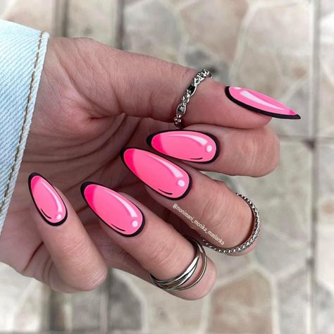 Pink Cartoon Nails, Hot Pink Nails With Design, Comic Nails, Two Color Nails, Pop Art Nails, Trendy Nail Art Designs, Nail Trend, Really Cute Nails, Elegant Nails