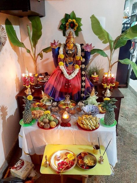 Happy varamahalakshmi Varamahalakshmi Saree Draping, Happy Varamahalakshmi, Varalaxmi Pooja Decoration, Pooja Photos, Eco Friendly Ganpati Decoration, Pooja Decoration Ideas, Floral Blouse Designs, Poo Kolam, Coconut Decoration