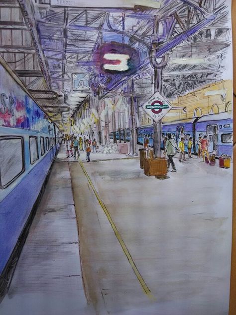 Railway station in india Railway Station In One Point Perspective, Railway Station Drawing Sketch, Railway Station Sketch, Railway Station Drawing In Perspective, One Point Perspective Railway Station, Railway Station Drawing, Railway Station Painting, One Perspective Drawing, India Railway