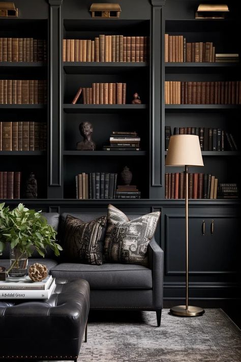 Cozy Small Library Room, Dark Wood Built In Bookshelves, Dark Painted Built In Bookshelves, Black Bookcase Wall, Dark Brown Built Ins, Black Library, Dark Moody Library, Dark Built In Bookshelves, Moody Study