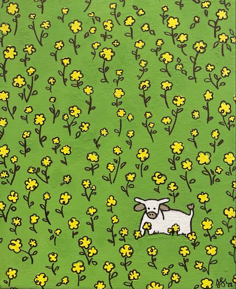 Cute Easy Aesthetic Paintings Green, Aesthetic Cow Painting, Green Cow Aesthetic, Gir Cow Painting, Green Cow Print Wallpaper, Sitting In A Flower Field, Cow Sitting, Cute Flower Drawing, Cottagecore Wallpaper