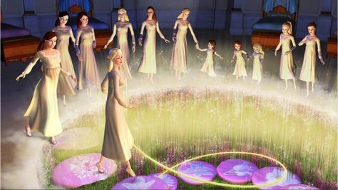 Princess Genevieve and her eleven sisters found a magical place from Barbie in Twelve Dancing Princesses Barbie 12 Dancing Princesses, 12 Dancing Princesses, Dancing, Purple, Flowers, Green, Dresses