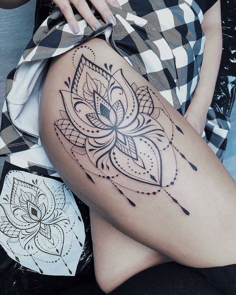 TattooLoversShop on Instagram: “Lotus #tattoodesign🔥🔥by @ferrousik done at @greenrabbittattoostudio #girlswithtattoos #love #tattoo #tattooing #tattoos #tattooink…” Mandala Thigh Tattoo, Upper Leg Tattoos, Upper Thigh Tattoos, Hip Thigh Tattoos, Hip Tattoos, Thigh Tattoo Designs, Dragon Tattoo For Women, Hip Tattoos Women, Inspiration Tattoos