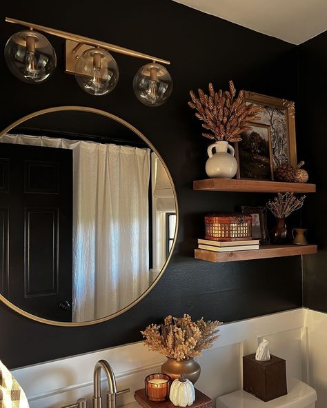 Boho Bathroom Half Bath, Bathroom Dresser Decor, Black White And Bronze Bathroom, Boho Dark Bathroom, Enchanted Bathroom Ideas, White Black Gold Bathroom, Dark Aesthetic Bathroom Ideas, Moody Guest Bathroom Ideas, Moody Small Bathroom Ideas