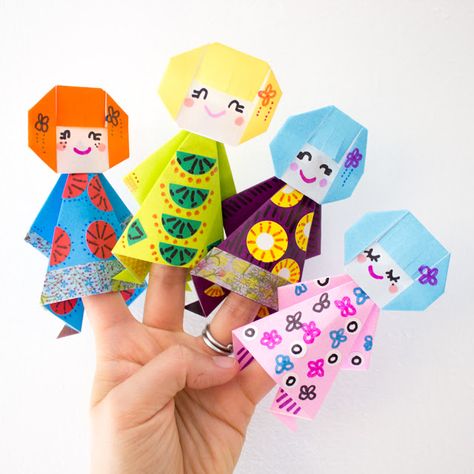 How to fold Easy, Cute, and Fun Origami Paper Doll Finger Puppets with Kids- Perfect Spring Craft! Stripey Socks, Easy Origami For Kids, Paper Doll Craft, Babysitting Crafts, Paper Folding Crafts, Kids Origami, Cute Origami, Folding Origami, Paper Puppets