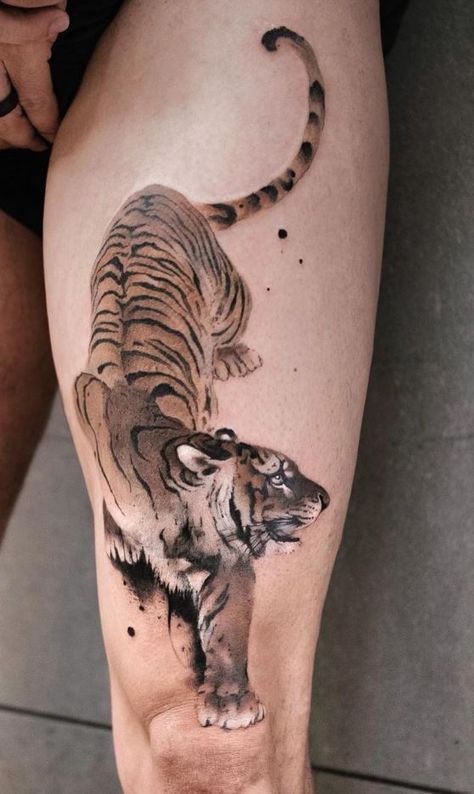 Feminine Tiger Tattoo For Women Leg, Tiger Tattoo Back, Pikachu Tattoo, Big Cat Tattoo, Dragon Tattoo Art, L Tattoo, Tiger Tattoo Design, Water Tattoo, Bicep Tattoo