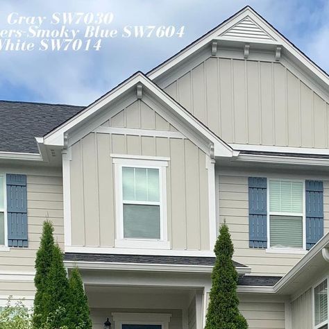 Heritage Painting on Instagram: "Thankful for the  beautiful weather in Indiana lately, it has allowed us to complete several exterior projects.  Todd T. updated the exterior of his Westfield, IN home.  Anew Gray SW7030 siding with Smokey Blue 7604 shutters/door and Eider White SW7014 trim are a clean upgrade for this elegant home.  We think it looks outstanding!  Give us a call for your free estimate. #exteriorpainting #paintingforthenextgeneration #hcpexteriorslookingreallygood #sherwinwilliams #anewgray #smokeyblue #paintlife #freeestimates #housepainter #residentialpainter #professionalpainters #westfieldindiana" Westfield Indiana, Eider White, Heritage Paint, Anew Gray, Shutter Doors, Professional Painters, Sherwin Williams, Elegant Homes, Where The Heart Is