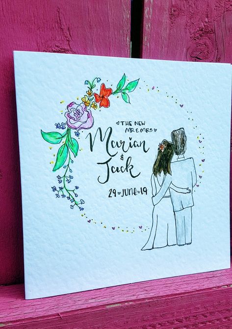 Hand Drawn Wedding Cards, Watercolour Wedding Cards, Watercolour Studies, Congrats Wishes, Homemade Wedding Cards, Wedding Illustrations, Wedding Day Cards, Hand Drawn Cards, Hand Drawn Wedding