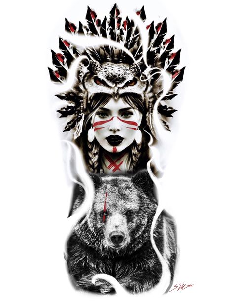 Native American Owl Art, Native Bear Tattoos For Women, Native American Leg Sleeve Tattoo Women, Bear And Woman Tattoo, Native American Animal Tattoos, Mohawk Indian Tattoo, Native Headdress Tattoo, Totem Tattoo Native American, Native American Owl Tattoo