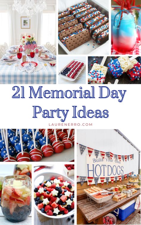 21 Incredible Memorial Day Party Ideas to Kick Off Summer - Lauren Erro Memorial Day Ideas Party, Memorial Day Cookout Decorations, Memorial Day Theme Party, Memorial Day Lake Food, Memorial Day Weekend Party, Memorial Cookout Ideas, Memorial Day Celebration Ideas, Memorial Day Brunch Ideas, Memorial Bbq Ideas