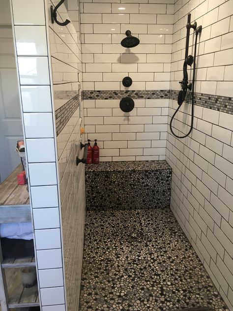 Shower Ideas With No Door, Shower Tile Ideas Walk In Master Farmhouse, Tile Shower No Door Walk In, Walk In Showers With No Doors, No Glass Shower Ideas Farmhouse, Walk In Shower Wall Materials, Doorless Master Shower Ideas, Hallway Shower Ideas, Walk In Showers Without Glass Doors