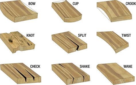 A chart depicts different lumber defects. Furniture History, Lumber Sizes, Real Wood Furniture, Wood Lumber, Composite Decking Boards, Hardwood Lumber, Woodworking Books, Deck Tile, Wood Joinery