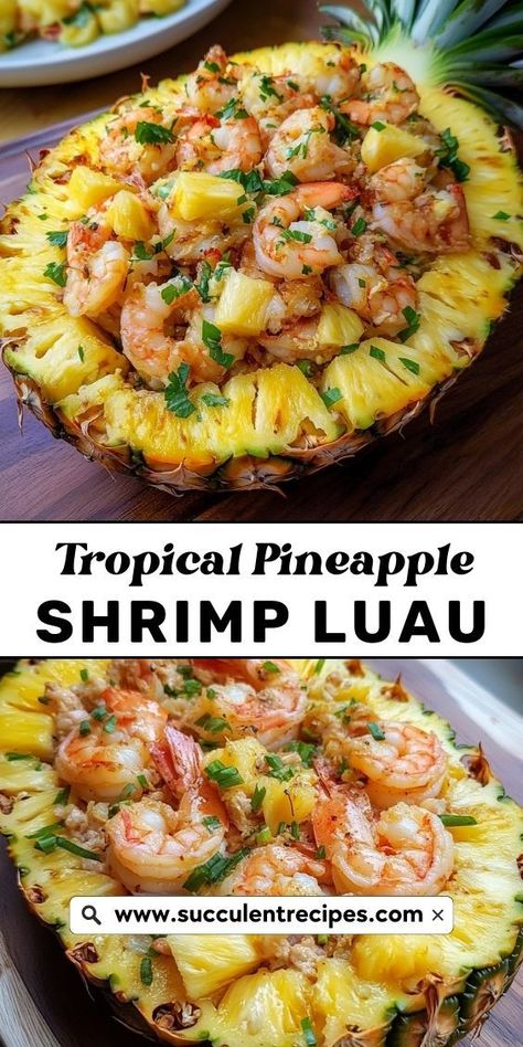 Whip up a tropical feast with this Quick Pineapple Shrimp Luau—perfectly seasoned shrimp and pineapple cooked to perfection in no time! Pineapple Ideas For Party, Hawaii Food Ideas, Things To Make With Shrimp, Shrimp And Pineapple Recipes, Luau Birthday Party Food, Luau Salad, Pineapple Recipes Dinner, Pineapple Dinner, Hawaii Foods