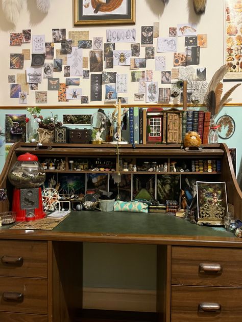 Desk Ideas Maximalist, Desks Aesthetic Vintage, Vintage Desk Setup Aesthetic, Forest Desk, Desk Ideas Aesthetic Grunge, Desk Aesthetic Grunge, Desk Cottagecore, Indie Desk, Soft Maximalism