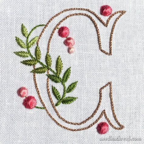 A Pretty Monogram with Simple Stitches Monogram Embroidery Letters Alphabet, Letter C Embroidery Pattern, C Embroidery Letter, Embroider Monograms, How To Embroider Monogram By Hand, Hand Embroidered Monogram Letters, Embroidered Alphabet, Embroidered Monogram Letters, Single Letter Monogram