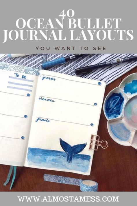 40 Ocean themed bullet journal you want to see- Almost a mess. Weekly layout, monthly spreads, bullet journal trackers and doodles. All ocean themed. You will find whales, fishes, snorkeling masks, seahorses.  #ocean #bulletjournal #bullet #journal #bujo #Monthly Ocean Bullet Journal, Ocean Journal, Monthly Bullet Journal Layout, Blue Journal, Journaling Aesthetic, Bullet Journal Month, Journal Collection, Bullet Journal Monthly Spread, Bullet Journal Tracker