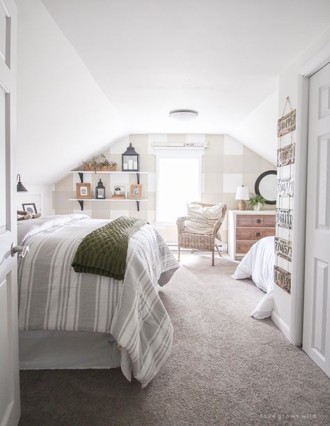 An awkward attic space turns into a charming little boy's farmhouse bedroom! Attic Bedroom Twin Beds, Bonus Bedroom Ideas, Awkward Loft Space Ideas, Bonus Room Guest Suite, Above Garage Bedroom Ideas, Attic Turned Bedroom, Attic Bedrooms Ideas, Boys Attic Bedroom Ideas, Bungalow Bedroom Upstairs