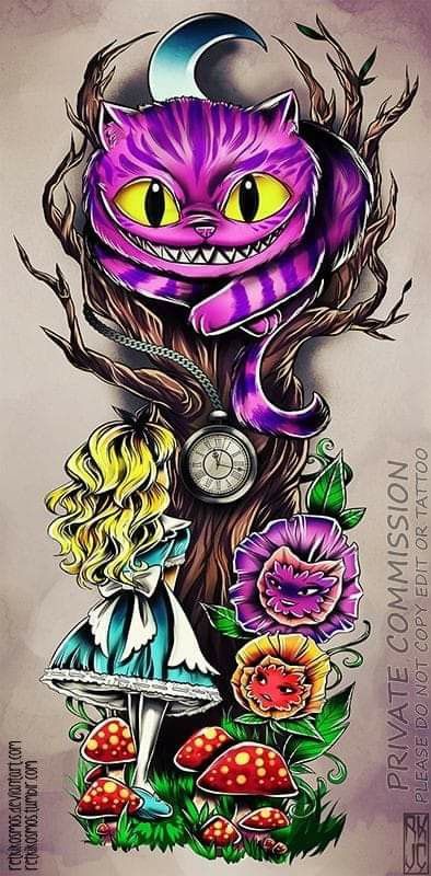 Alice In Wonderland Tattoo Sleeve, Cheshire Cat Tattoo, Alice And Wonderland Tattoos, Cheshire Cat Alice In Wonderland, Alice In Wonderland Artwork, Dark Alice In Wonderland, Alice In Wonderland Drawings, Wonderland Artwork, Wonderland Tattoo