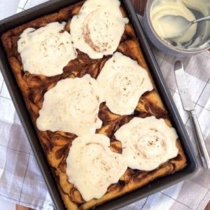 Sourdough Cinnamon Roll Pancakes [baked in a sheet pan] Pancakes Sheet Pan, Sourdough Cinnamon Roll, Homestead Cooking, Sourdough Cinnamon Rolls, Vanilla Cream Cheese Frosting, Making Sourdough Bread, Cultured Butter, Cinnamon Roll Pancakes, Sourdough Pancakes