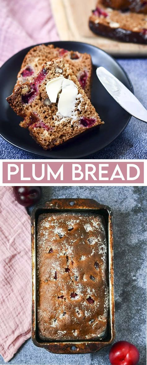 This plum bread is sweet and tart, filled with fresh plums and chopped pecans. It's delicious for dessert, a healthy snack, or for breakfast! Banana Plum Bread, Plum Bread Pudding, Wild Plum Recipes Food, Plum Cookies Recipes, Paleo Plum Recipes, Recipes Using Fresh Plums, Sand Plum Recipes, Recipes For Plums, Vegan Plum Recipes