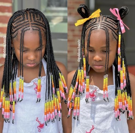 Braided Hairstyles Goddess Braids, Fulani Braids Kids, Kids Fulani Braids, Little Mixed Girl Hairstyles Braids With Beads, Passion Twist Styles, Bangs Round Faces, Hairstyles Goddess Braids, Kids Beads Hairstyle, Beads Hairstyles For Kids