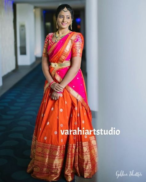 Orange And Pink Lehenga, Colour Combinations Lehenga, Half Saree Colour Combinations, Gold Blouse Designs, Baby Pink Saree, Saree Color Combinations, Orange Lehenga, Half Saree Function, Langa Voni