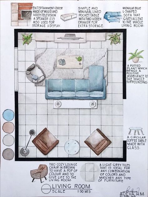 Living Room Designs Sketch, Room Sketches Interior Design Plan, Presentation Plan Interior, Floor Rendering Plan, Living Room Design Sketch, Watercolor Floor Plan, Interior Design Floor Plans Sketch, Interior Design Sketches Floor Plans, Interior Design Drawings Floor Plans