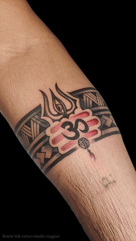 Om Arm Band Tattoos For Men, Mahadev Arm Band Tattoo, Trishul Band Tattoo, Mahadev Band Tattoo, Shiva Arm Band Tattoo, Mahadev Tattoos, Om Trishul Tattoo, Wrist Band Tattoo, Hindu Tattoos