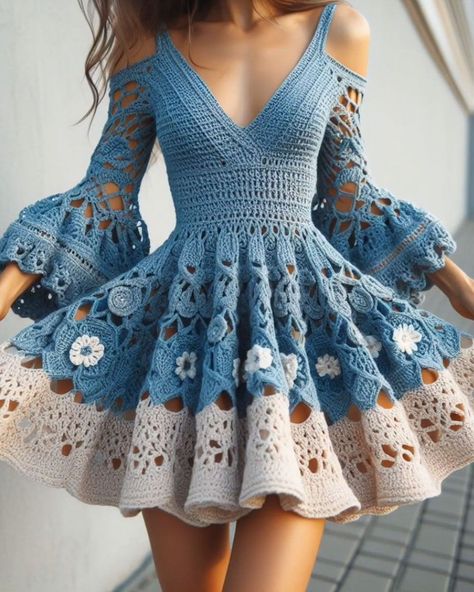 Crochet Women's Fashion / Crochet Long Sleeves Dresses For Women Unique Christmas Crochet Dress Design Ideas 2023 Trending Crochet Patterns, Wedding Crochet, Retro Crochet, Crochet Outfits, Crochet Wedding Dresses, Floral Long Sleeve Dress, Christmas Dresses, Simple Crochet, Crochet Clothing And Accessories