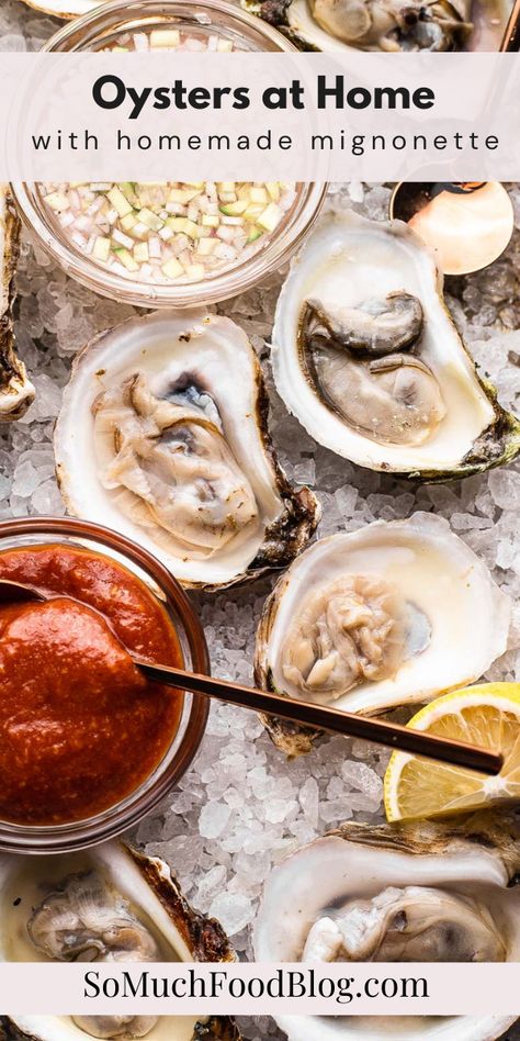 This recipe for oysters with mignonette will go over how to shuck, store, and serve oysters with both cocktail sauce and champagne mignonette. Oyster Mignonette Recipe, Oyster Minionette Sauce Recipes, Champagne Oysters, Mignonette Recipe, Steamed Oysters, Cocktail Sauce Recipe, Oyster Recipes, Elegant Appetizers, Fresh Oysters