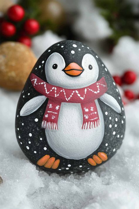 28 DIY Christmas Rock Painting Ideas to Spread Holiday Joy 🎄 Penguin Christmas Painting, Penguin Christmas Decor, Rock Art Painting Ideas, Painted Egg Designs, Quick Christmas Decorations, Christmas Rock Art Ideas, Penguin Painted Rocks, Painting On Rocks Ideas, Crystal Painting Ideas